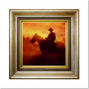 Silhouette Cowboy in retro vintage frame Posters and Art